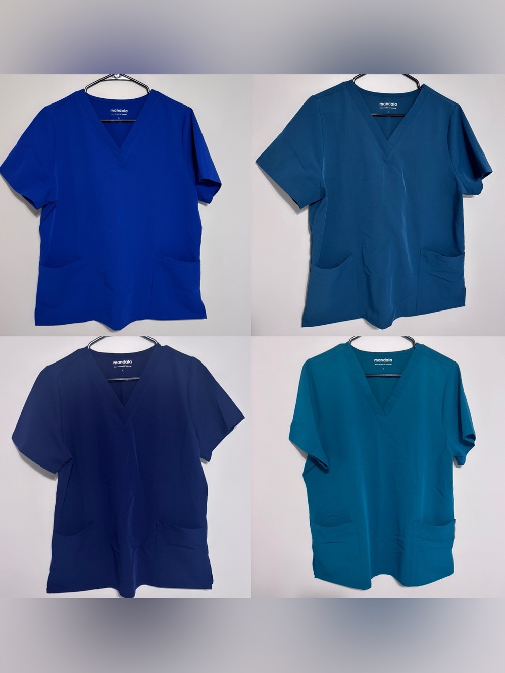 Bundle of 4 Women’s V-Neck Tunic Scrub Top in Blues and Green - Picture 2 of 16